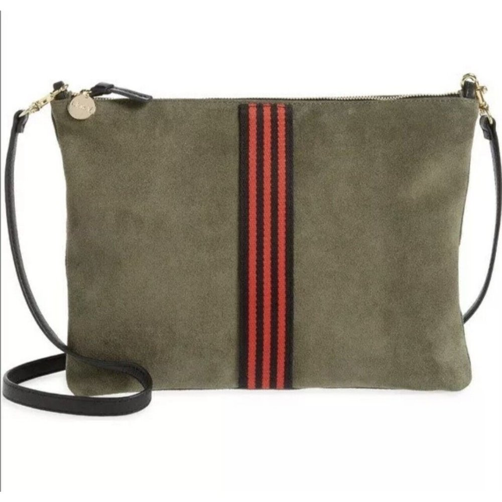 Clare V. Single Sac Bretelle Suede Shoulder Bag, Army Green, Red Stripe, NWOT